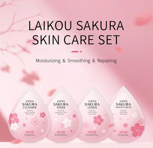 Laikou 4pcs / Set Japan Sakura Facial Deep Cleanser Utjämning Essence Cream Fuktgivande Toner Lotion Fine Line Remover