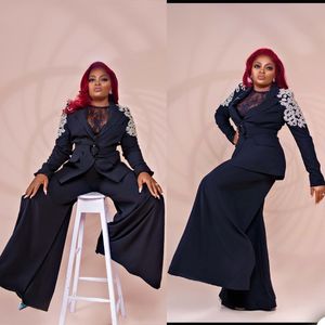 Lyxapplikationer Kvinnor passar lösa breda byxor Celebrity Lady Party Prom Tuxedos Blazer Red Carpet Leisure Outfit (Jacka + Byxor)
