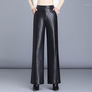 Women's Pants & Capris Women 2021 Autumn Winter Wide Leg Trousers Female Elegant Real Leather Ladies Casual Button Zip Black Plus Size W04