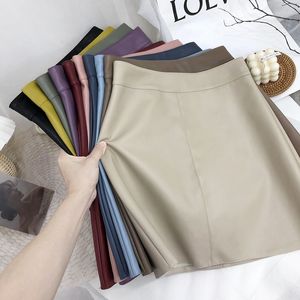 Autumn winter pu leather skirts womens black female student high waist versatile A-line hip Office Lady 210420