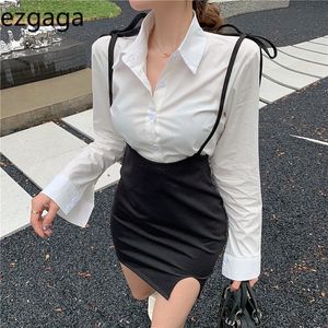 Ezgaga 2ピースセット女性背中の包帯シャツブラウスソリッドスプリットスパゲッティストラップドレスセクシーボディコンクラブウェアレディースファッション210430