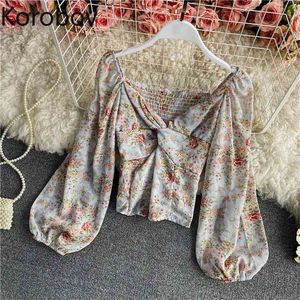 Korobov Chiffon Blusa Mulheres Floral Impresso V Neck Slow Sleeve Short Camisas Femininas Cross Design New Chic Tops Blusas Femme 210430