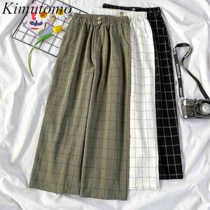 Kimutomo Chic Plaid Pants Women Spring Korean Fashion Ladies Button Elastic High Waist Casual Straight Pants Loose 210521