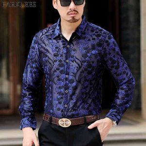 Luxo Marca Lace Camisa Homens Sexy Flall Bordado Transparente Vestido Camisas Mens Ver através do Clube Party Event Chemise 210522