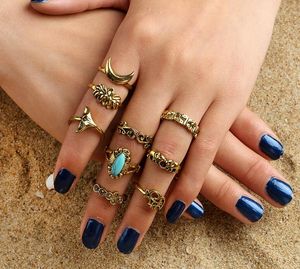9 sztuk / zestaw wspólnego pierścienia dla kobiet Szeroki palcem wskazującymi palce Czeski Retro totem rzeźbione geometryczne pierścienie z fishtail słonia