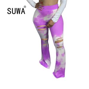 Women Hole Sexy High Waist Elastic Tie Dye Print Flare Pants Active Wear Big Leg Bell Bottom Trousers Sweatpants Legging 210525