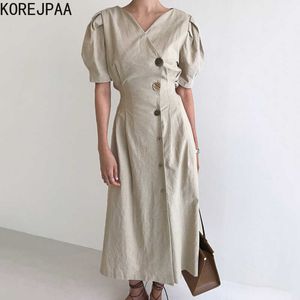 Korejpaaの女性のドレス夏の韓国シックな気質エレガントなVネックサイドシングルバックルウエスト - スリムバブルスリーブvestido 210526