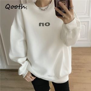 Qooth Trendy Zima Jesień Damska Luźna Długa Długotę Bluza Litera Topy Pełny Rękaw Latarnia Rękaw Plus Vevet QT345 210518