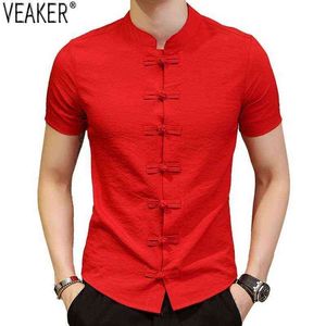 Kırmızı Keten Gömlek toptan satış-2021 Yeni erkek Çin Vintage Gömlek Mandarin Yaka Slim Fit Kısa Kollu Pamuk Keten T Gömlek Beyaz Kırmızı Siyah Rahat G1230 Tops