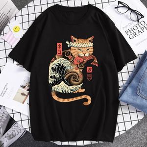 Men's T-Shirts 100% Pure Samurai Cat Japanese Print T-Shirt,2021 Cotton, Unisex, Sushi T-Shirt, Dragon Pattern, Style, Urban Fashion,