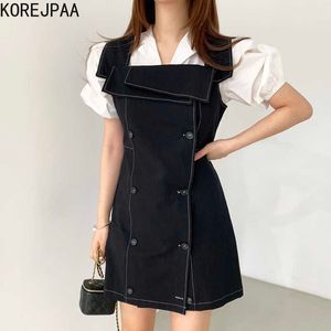 Korejpaa Women Dress Korea Chic Irregular Lapel Bubble Sleeve Shirt and Double-breasted Waist-slim Strap Vestido Female 210526
