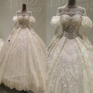 2022 Vestidos de noiva de Ballgown Lindo vestidos de noiva mangas compridas comprimento de chão de luxo Cristais frisados ​​de luxo Bordado feito sob encomenda Vestido de Novia Plus Size