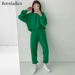 Bornladies Women Green Sport Suit Two Piece Long Sleeve Pullover Whith Sweatpants Set Autumn Active Wear Outfit Casual Suits 210930