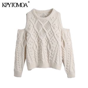 Kobiety Moda Bobble Aplikacje Hollow Out Dzianiny Sweter Vintage O Neck Z Długim Rękawem Kobiet Swetry Szyków Topy 210416