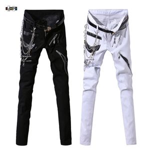 Idopy Men Hip Hop Jeans With Chain Patchwork Punk Gothic Party Stage Multi Zippers Leather Performance Pants For Man 211108