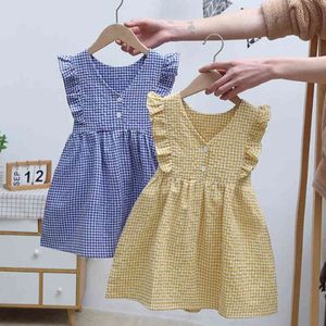 여름 아기 소녀 민소매 그리드 드레스 아이 소녀 공주 의류 캐주얼 패션 210429