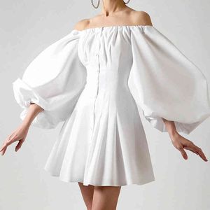 Kvinnor Sexig Bodycon Dress Slash Neck Off Shoulder Puff Sleeve Party Night Elegant Fashion Club Mid White Mini 210515