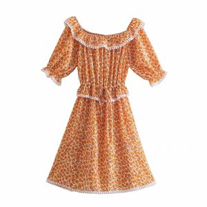 Spring Summer Chic Lady Slash Neck Drawstring High Waist Za Orange Mini Dresses Women Fashion Floral Print Ruffles Dress 210520