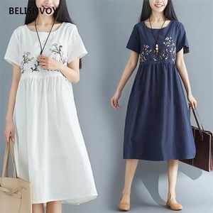 花の刺繍白海軍のMidiのドレス夏の綿のリネン緩い女性のビーチカジュアルレディース女性のvestidos 210520