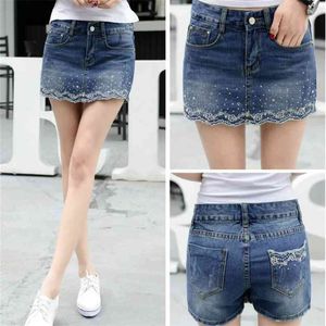 Mode broderi denim shorts kjolar kvinnor sommar sexig mini hög midja blå jean kort 210621