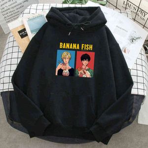 Anime Banana Fisch Drucken Hoody Mann Herbst Frühling Fleece Warme Casual Sweatshirts Mode 2021 Herren Hip Hop Lose Mit Kapuze Kleidung h1227