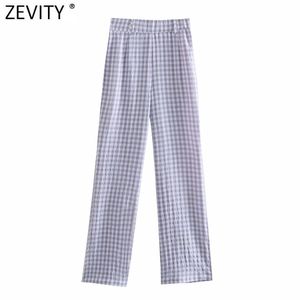 Kadınlar Vintage Ekose Baskı Rahat Düz Pantolon Retro Kadın Yan Fermuar Pantalones Mujer Chic Uzun Pantolon P1033 210416