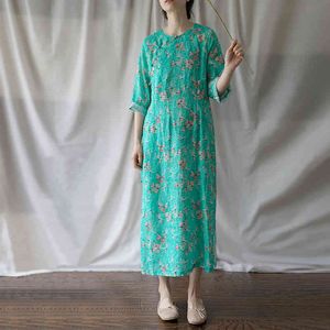 Johnature Vintage Proste Trzy Dzielnica Rękaw Drukuj Długość O-Neck Summer Sukienka National Styl Linen Casual Kobiety Dress 210521