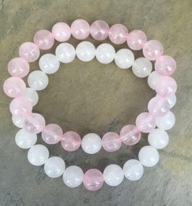 8mm Couple Bracelets Strands Friendship RoseQuartz White Jades Natural Stone Beaded Elastic Beads Men Women Gift Yoga Bracelet