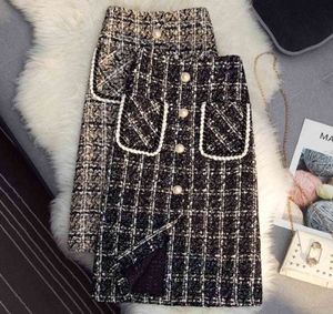 Liten doft Tweed Skirt Kvinnor Slim A-Line Winter Single Breasted Knee Length Kjol Plus Size 211120