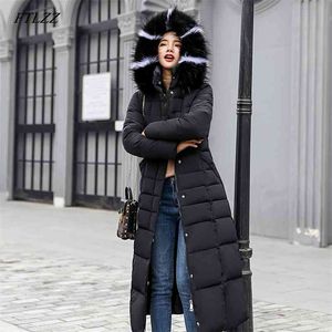 Женщины Длинные хлопчатобумажные Parkas False Меховой воротник с капюшоном пальто зима повседневная тонкие мягкие куртки Wadded Snow Overooat 210430