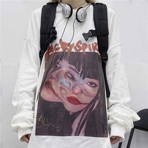 Herbst Mode Punk Harajuku Brief Plus Größe T-Shirts Drucken Lose Weibliche Langarm Hip-Hop Oansatz Paar Vintage Casual T-Shirt 210608