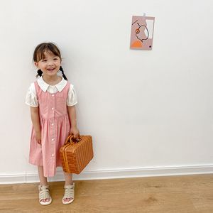 Summer cute girls casual 2 pcs sets cotton white short sleeve shirt and sleeveless pink dress kids all-match outfits 210508