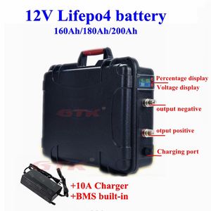 Waterproof 12v 160ah 180ah 200ah lifepo4 Lithium battery 12V BMS for electric fishing boat solar system power supply+10A charger