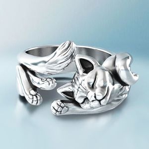 Huitan Söt Fortune Cat Form Kvinnor Öppning Ringar Silver Color Dance Party Finger Ring Delikat Tjej Gåva Nya Mode Smycken