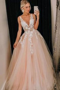 Pink Prom Blush Dresses With 3D Floral Lace Applique V Neck Strpas 2022 Floor Length Tulle Custom Made Evening Party Gowns Formal Ocn Wear Plus Size