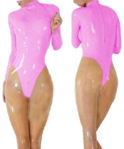 Sıcak Faux Deri Catsuit PVC Bodysuit Ön Fermuar Açık Kasık Tulumlar Streç Erotik Kostümler Tulum PU Deri Bodysuit