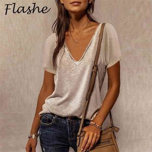 Summer Shirts For Women Fashion V Neck Patchwork Loose T Shirt Female Short Sleeve Top Ladies Tee Plus Size Shirt Pullover 210722