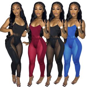 Letni pasek Playsuit Skinny Seksowny Body Sheer Mesh Legging Spodnie Dwuczęściowe Zestaw Party Clubwear Stroje Dopasowane Zestaw X0709