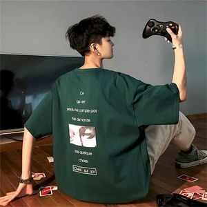 Unisex minimalista t-shirt coreano hip-hop impressão de mangas curtas homens de manga curta mulheres high street oversize harajuku o-pescoço verde streetwear 210716