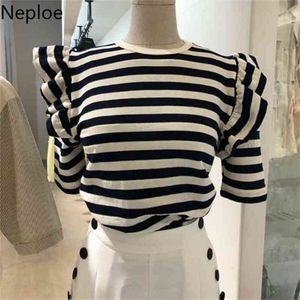 Neploe Black White Stripe Tシャツ韓国フリルoネック半袖レディーストップ夏緩いカジュアル女性ティー1A030 210623