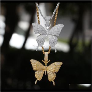Naszyjniki Wisiorki 18 K White Gold Fl CZ Cyrkonia Blingling Butterfly Wisiorek Naszyjnik Hiphop Iced Diamond Rapper Jewelry Dla Mężczyzn WO