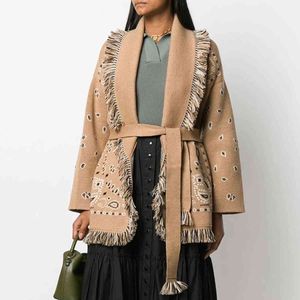 Jastie Retro Bandana Cashmere Cardigan Jacket Women Tassel Lapel Belt Long Sleeve Autumn Winter Sweater Overcoat Fashion 210419