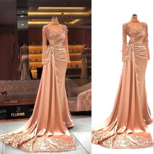2022 Sexy Blush Pink Prom Dresses High Neck Illusion Lace Crystal Beading Long Sleeves Open Back Evening Dress Party Pageant Formal Gowns Sweep Train Plus Size
