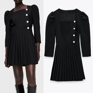 Autumn Fashion Black Blazer Dress Women Box Pleated Office Short Woman Long Sleeve Front Buttons Going Out es 210430