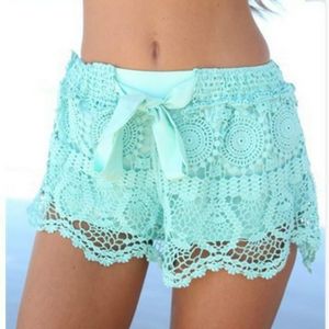 Kvinnors shorts 2021 mode Kvinnor Summer Lace Hollow Out Drawstring Casual Short Solid Plus Size S-2XL