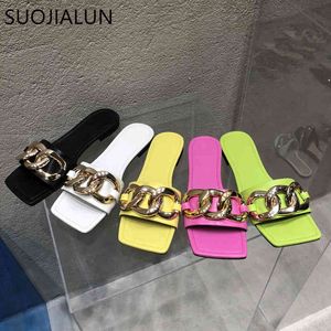 Suojialun 2021 moda marca ouro cadeia de metal mulheres chinelos salto plana quadrado dedo do pé casual slide verão outdoor praia flip flops c0330