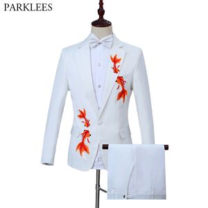 Gold Fish Pattern Embroidery Men Suits with Pants Mens Suits Fashion White Men Suit Mens Slim Fit Tuxedo Stage Costume Masculino 210524