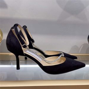 2021 Sandali di lusso Scarpe eleganti Décolleté con cinturino in cristallo Pelle scamosciata satinata Tacchi alti Festa nuziale da sposa Camminata sexy da donna