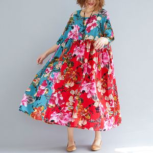 Johnature Vintage Dress Patchwork Drukuj Kwiatowe szaty Plus Rozmiar Kobiety Cloths Summer O-Neck Krótki Rękaw Koreański Dress 210521