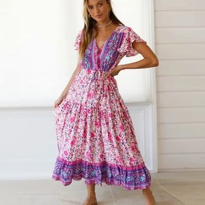 Вдохновленные розовые цветочные сращенные длинные женские платья RUBLEL FLARE рукав кнопки летние вечеринка платье новое платье женщина 210412